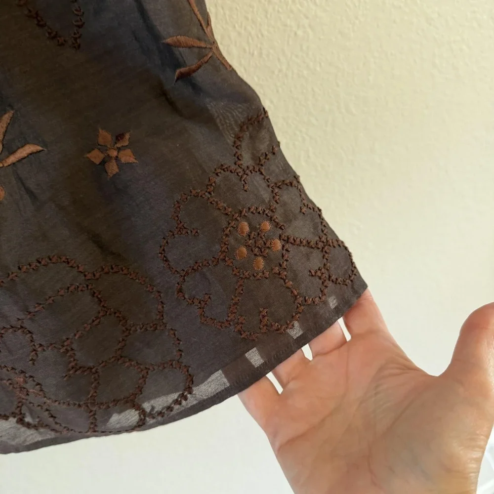 Chan Luu Y2K Embroidered Peasant Skirt Womens S Chocolate Brown Floral Boho Midi